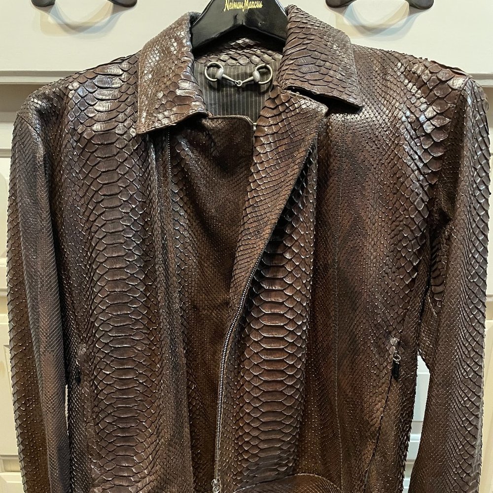 GUCCI Python Snakeskin Leather Mens Motorcycle Jacket med large